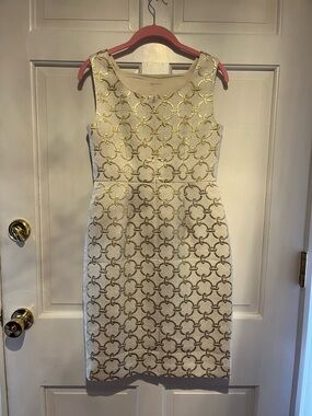 Talbots Cream Midi Dress with Gold link Pattern